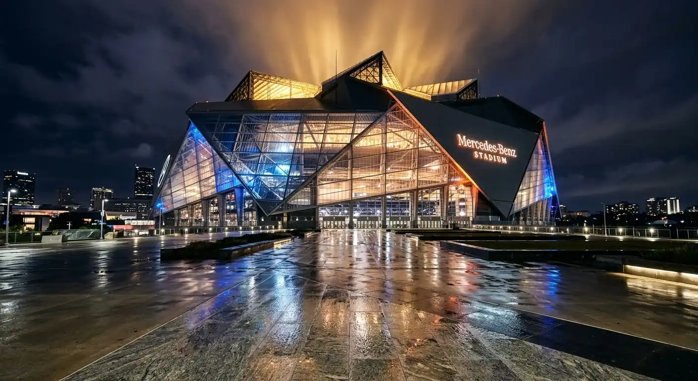 Mercedes-Benz Stadium v Atlanti ponoči, streha zaprta, ogromen prstenasti LED zaslon sveti nad igriščem