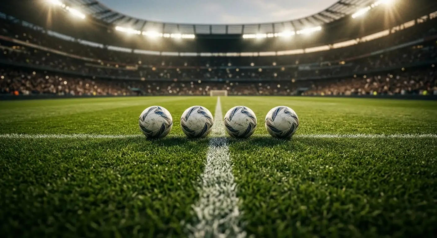 Štiri nogometne žoge na zeleni trati stadiona, v ozadju reflektorji in polne tribune
