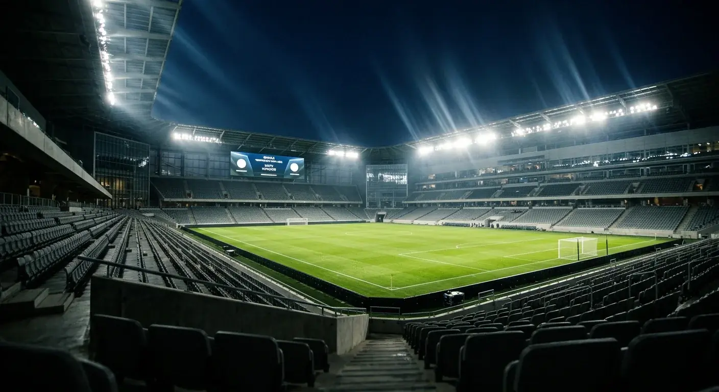 Gillette Stadium ponoči, zelena osvetljena trata in prazne tribune, dramatičen položaj pred četrtfinalno tekmo