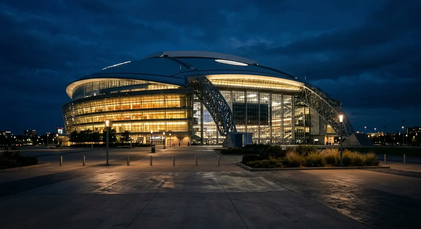 AT&T Stadium ob večernem mraku, streha zaprta, luči na zeleni trati