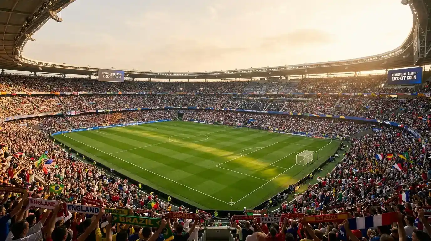 Nogometno igrišče s tribuno polno navijačev pred tekmo svetovnega prvenstva 2026