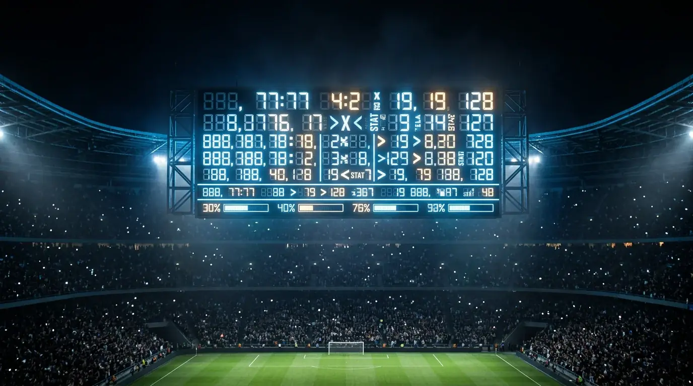 Semafor s statistiko golov na velikem stadionu ponoči, poudarjene številke, vzdušje rekordnega dosežka