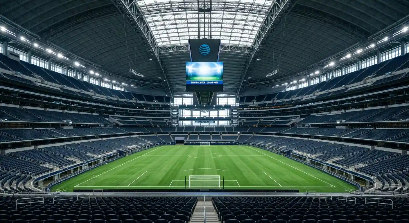 AT&T Stadium z zaprto streho, zelena trata in prazne tribune pred polfinalnim večerom