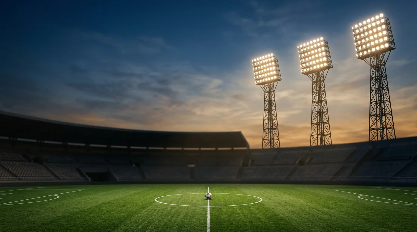 Trije stadionski reflektorji zvečer, žoga na sredini igrišča, prazna tribuna v ozadju, pričakovanje pred izločilno tekmo