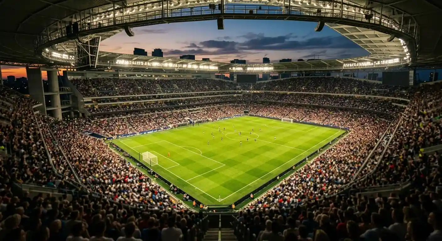 Gillette Stadium ob večerni osvetlitvi, zelena trata in polne tribune pred četrtfinalom