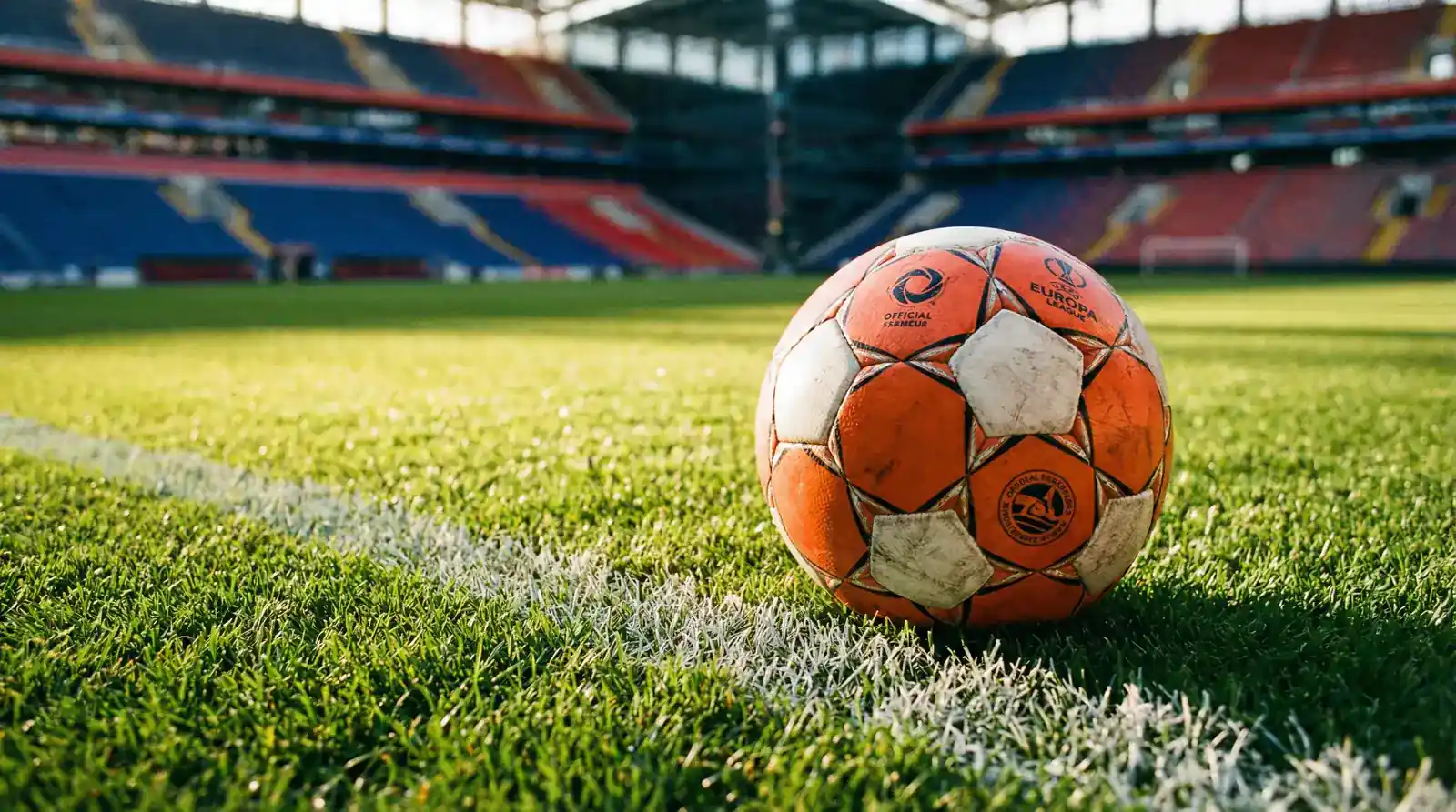 Nogometna žoga na zelenem travniku stadiona z belimi črtami