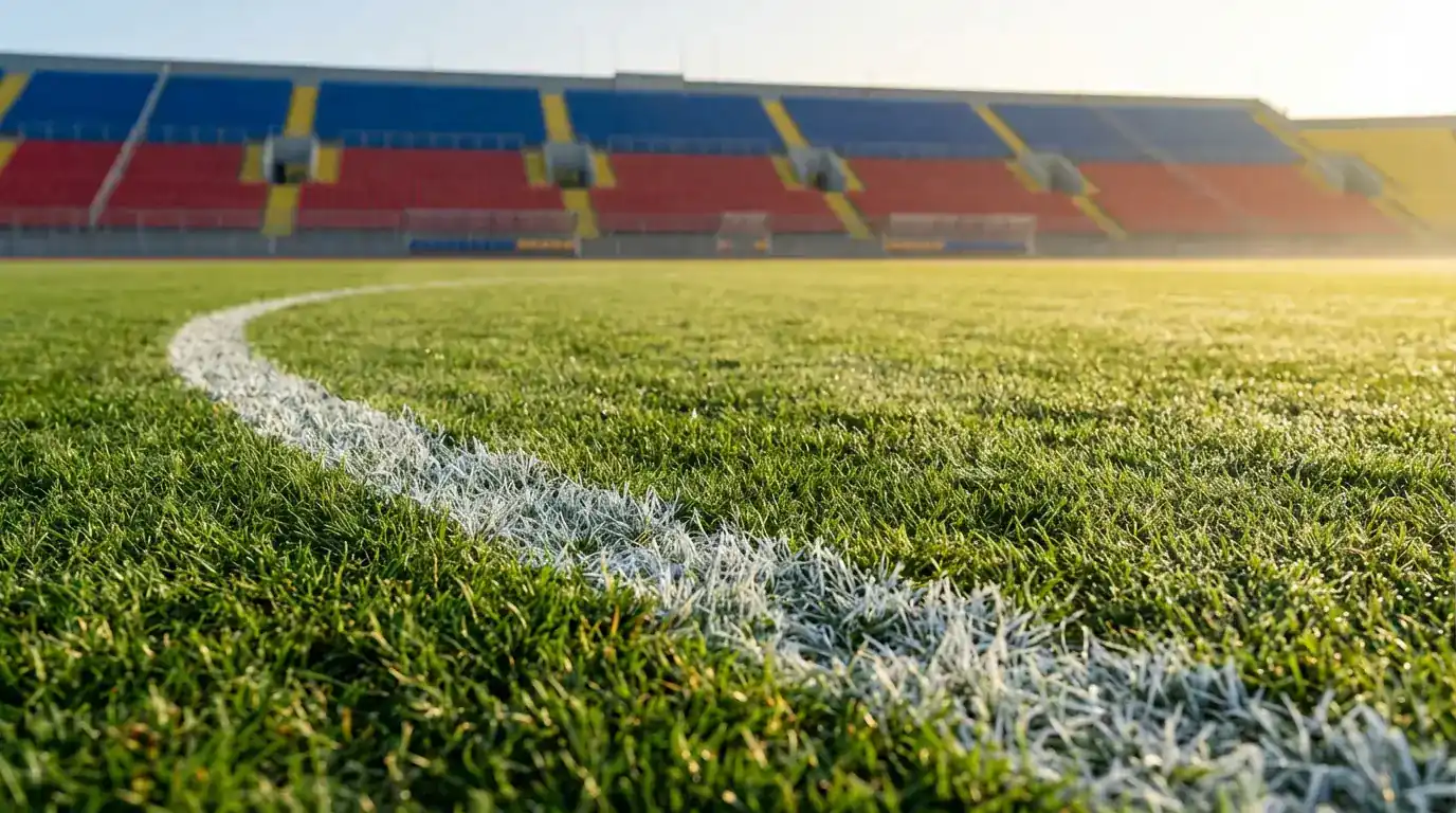 Zelena trava nogometnega igrišča z belimi črtami in tribunami v ozadju