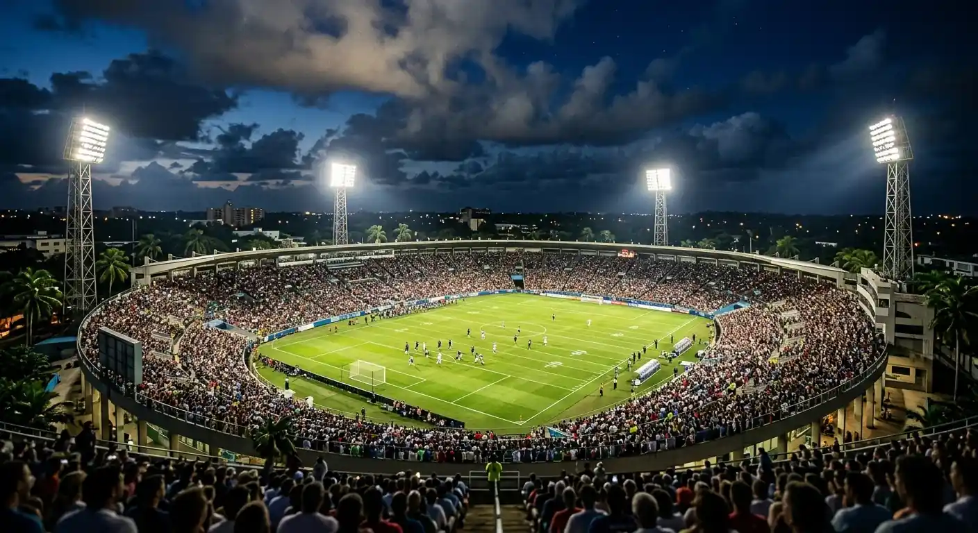 Hard Rock Stadium v Miamiju ponoči, reflektorji in zelena osvetljena trata, polne tribune
