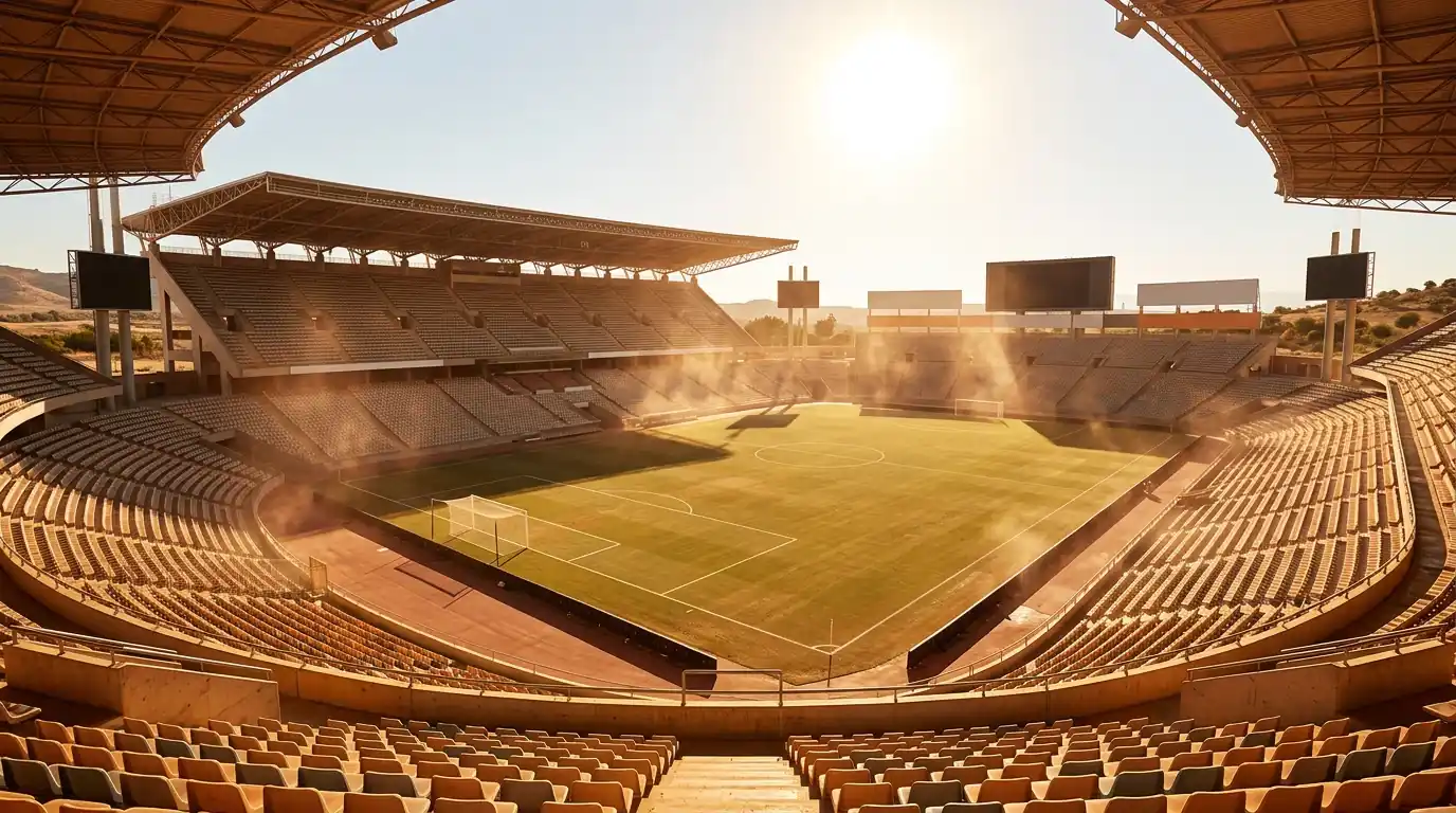 Termometer visoke temperature ob nogometnem stadionu, žgoče popoldansko sonce, vroč zrak nad tribunami