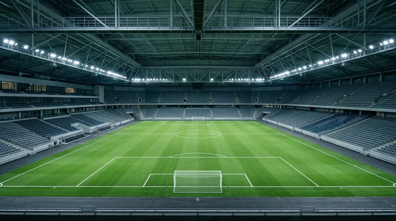 Zelena nogometna zelenica pod zaprto streho velikega stadiona, enakomerna razsvetljava, brezhibni pogoji za igro